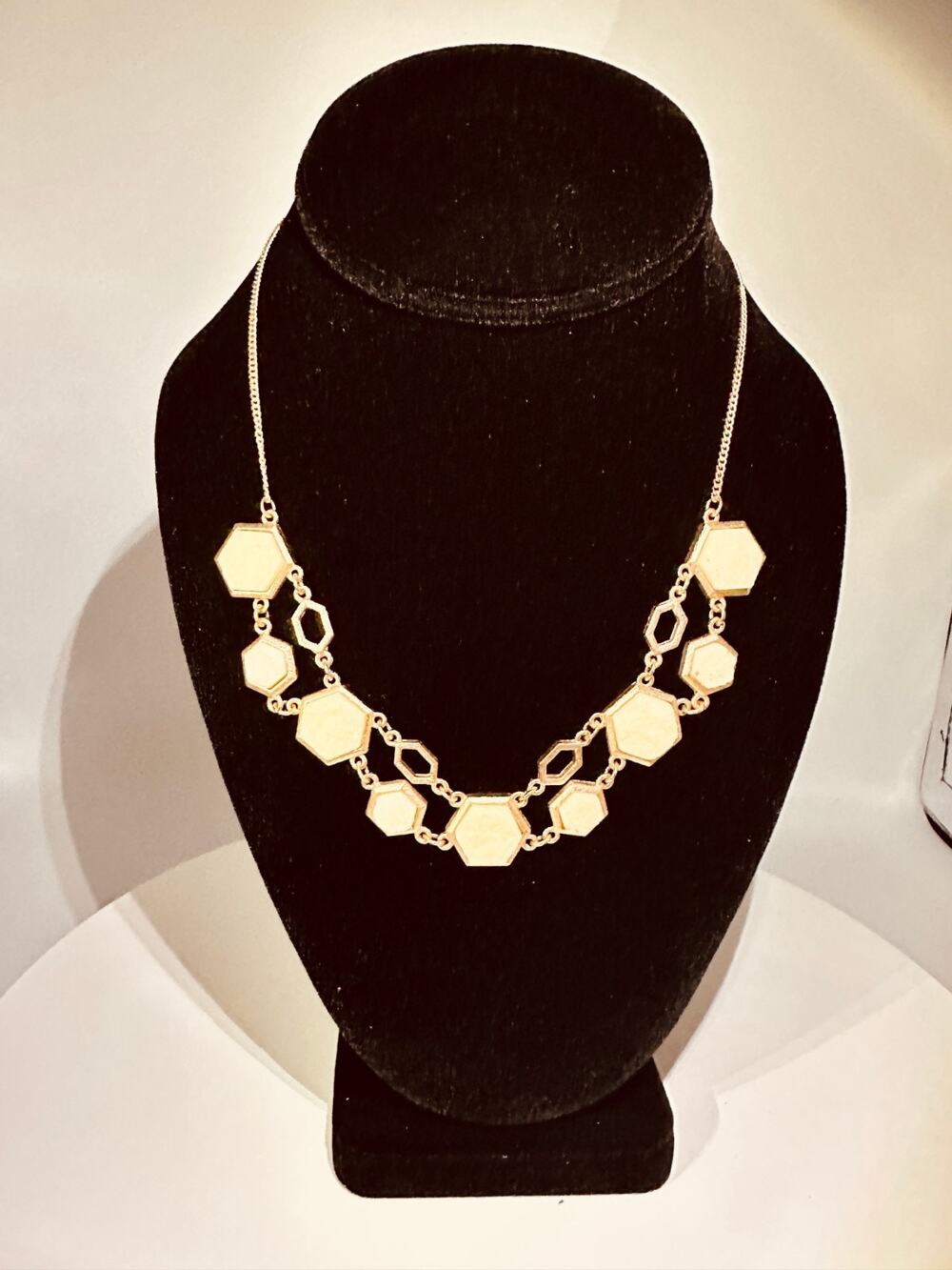 Gold Tone Cream Hex Stone Statement Necklace 19in Lobster Clasp
